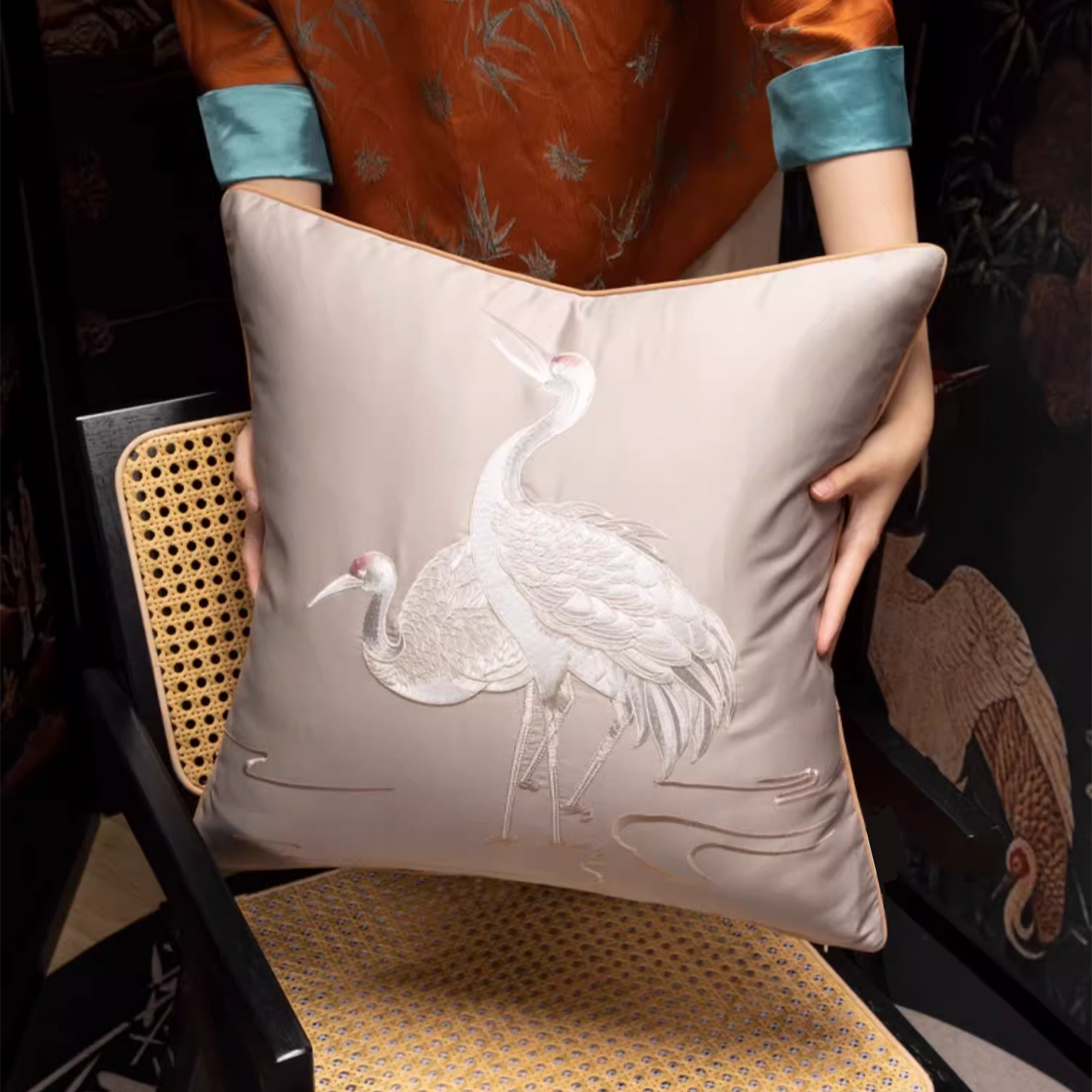 Traditional Chinese style embroidered cranes sofa decorative pillow case 18x18 inch, set of 1