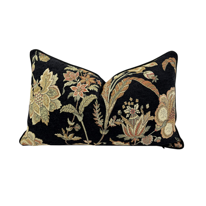 Fashion Black Velvet Floral Waist Pillow Case Vintage Woven Jacquard Chenille Lumbar Living Cushion Cover 12x20inch 1 Piece Set