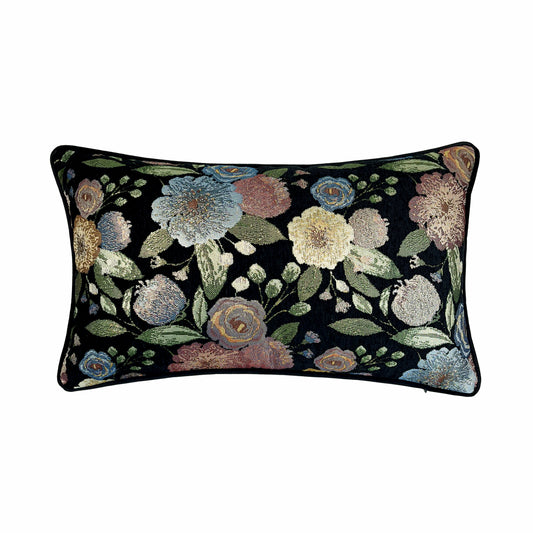 Vintage Fashion Black Chenlle Floral Waist Pillow Case Home Decor Sofa Car Chair Lumbar Living Cushion Cover 30x50cm, 1 Pc Set