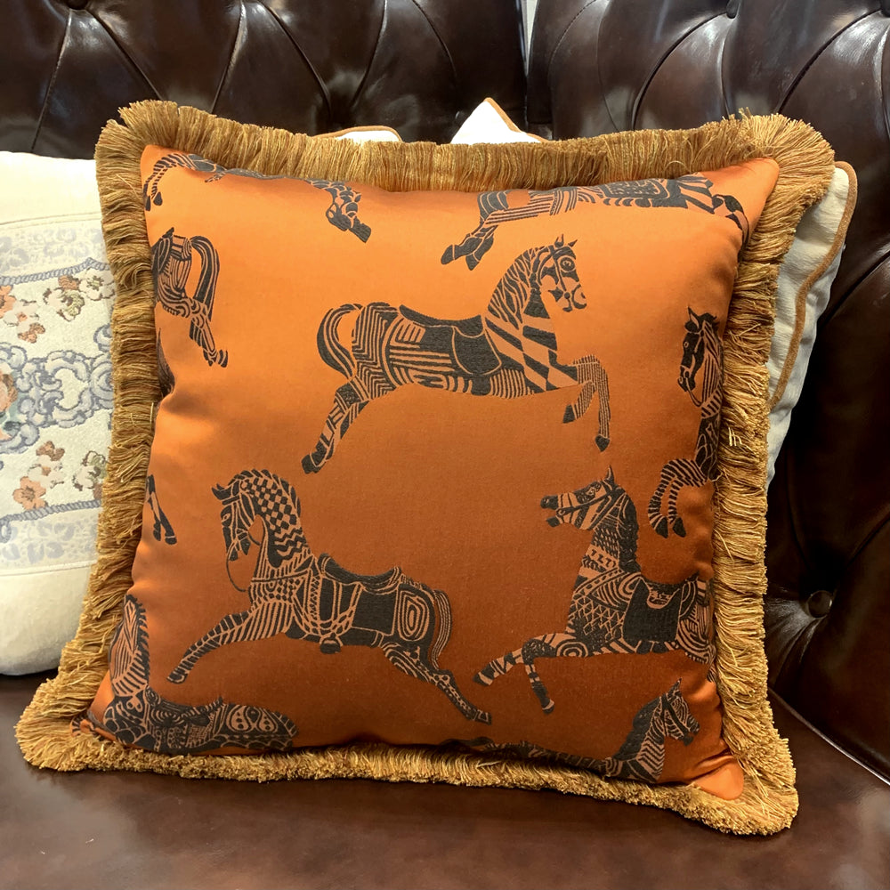 Fashion Soft Orange Horses Woven Interior Fringe Cushion Cover 18x18inch, set of 1