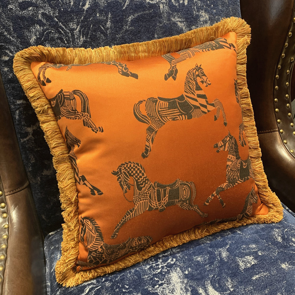 Fashion Soft Orange Horses Woven Interior Fringe Cushion Cover 18x18inch, set of 1