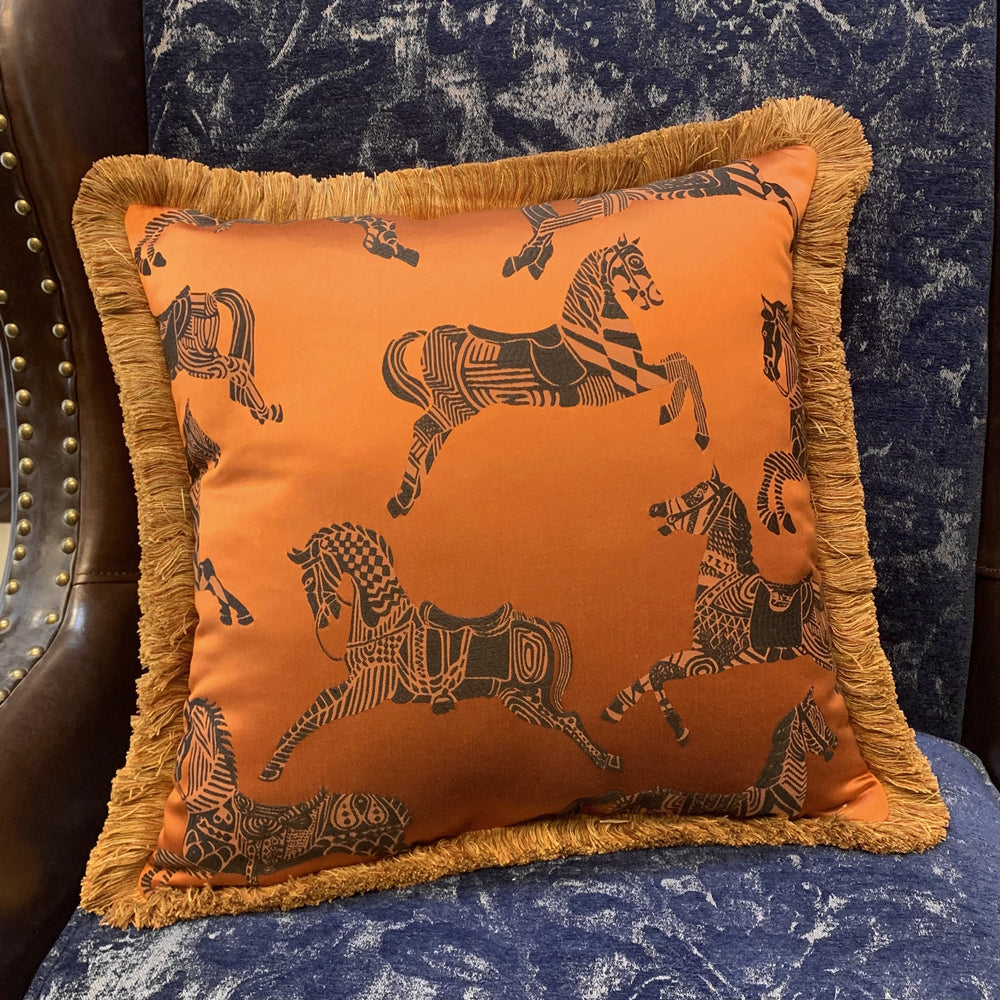 Fashion Soft Orange Horses Woven Interior Fringe Cushion Cover 18x18inch, set of 1