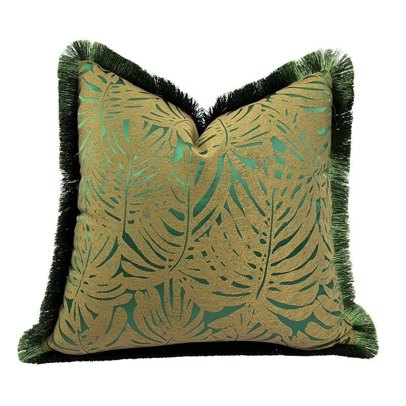 Decorative Rainforest Leaves Dark Green Fringe Sofa Cushion Cover 18x18inch, set of 1