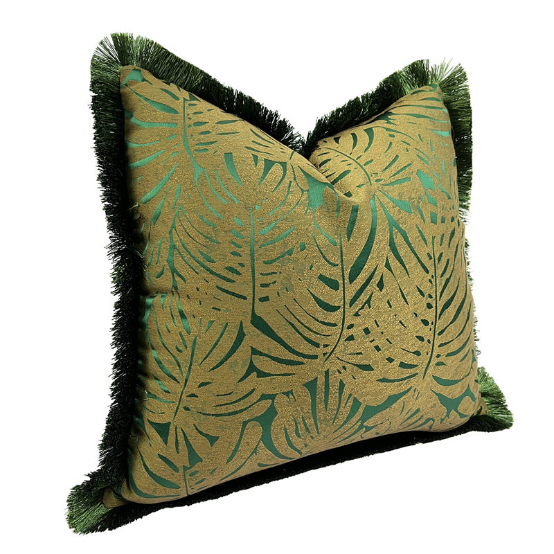 Decorative Rainforest Leaves Dark Green Fringe Sofa Cushion Cover 18x18inch, set of 1