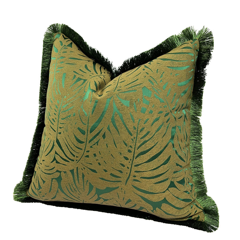 Decorative Rainforest Leaves Dark Green Fringe Sofa Cushion Cover 18x18inch, set of 1