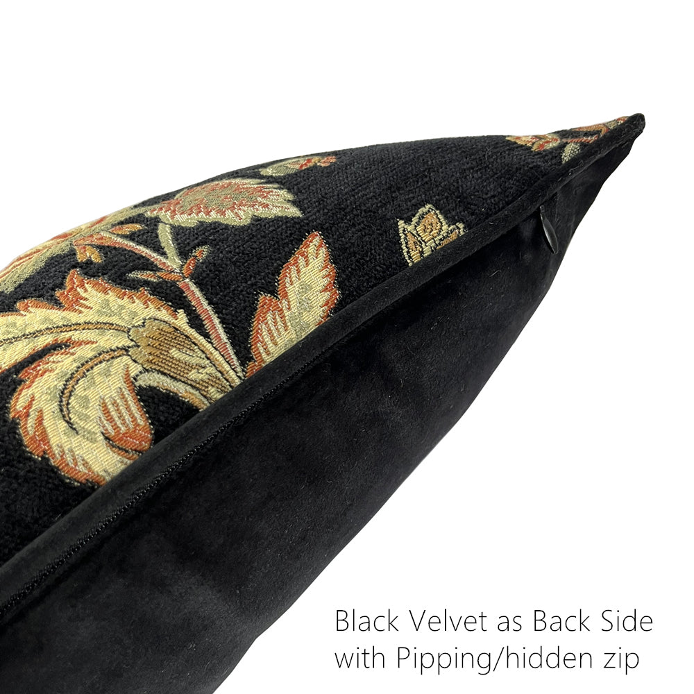 Fashion Black Velvet Floral Waist Pillow Case Vintage Woven Jacquard Chenille Lumbar Living Cushion Cover 12x20inch 1 Piece Set