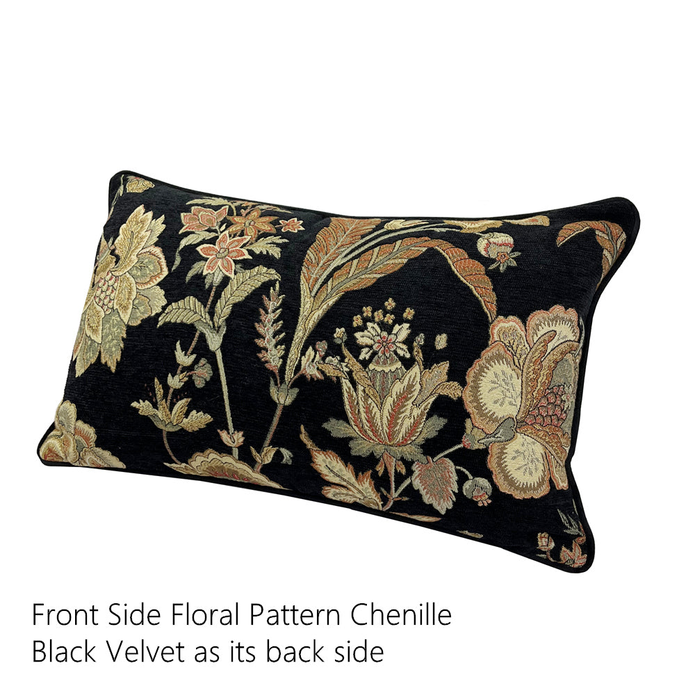 Fashion Black Velvet Floral Waist Pillow Case Vintage Woven Jacquard Chenille Lumbar Living Cushion Cover 12x20inch 1 Piece Set