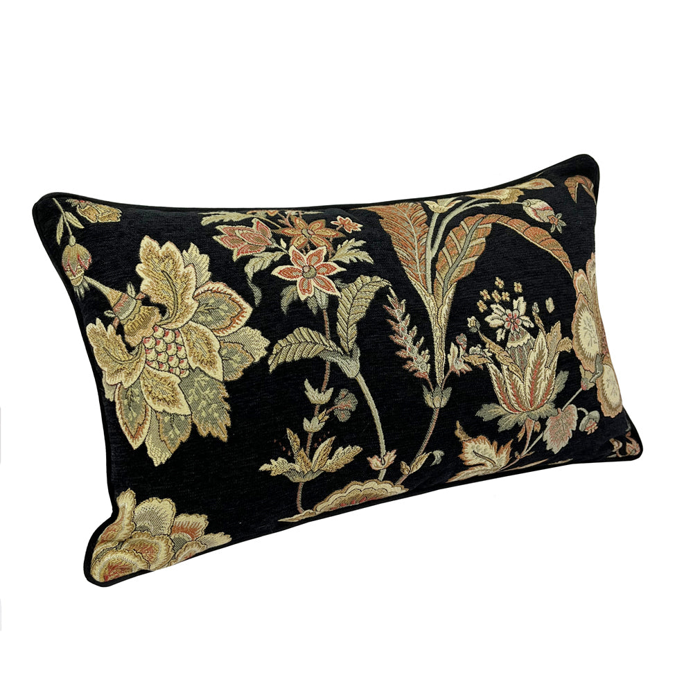 Fashion Black Velvet Floral Waist Pillow Case Vintage Woven Jacquard Chenille Lumbar Living Cushion Cover 12x20inch 1 Piece Set