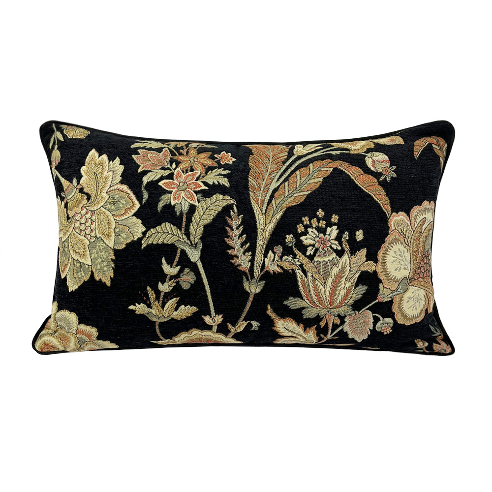 Fashion Black Velvet Floral Waist Pillow Case Vintage Woven Jacquard Chenille Lumbar Living Cushion Cover 12x20inch 1 Piece Set