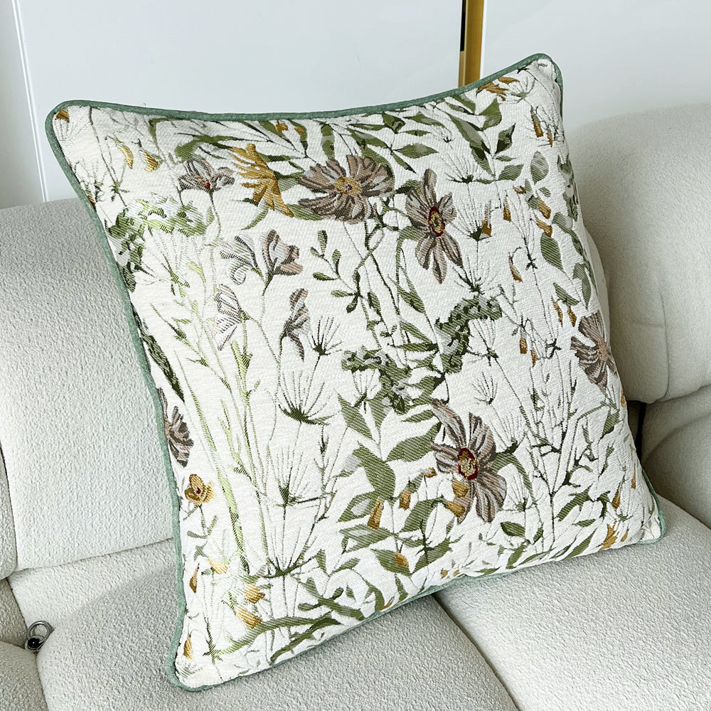 Countryside Light Green Flowers Decorative Chenille Pillow Case 18x18", Set of 1