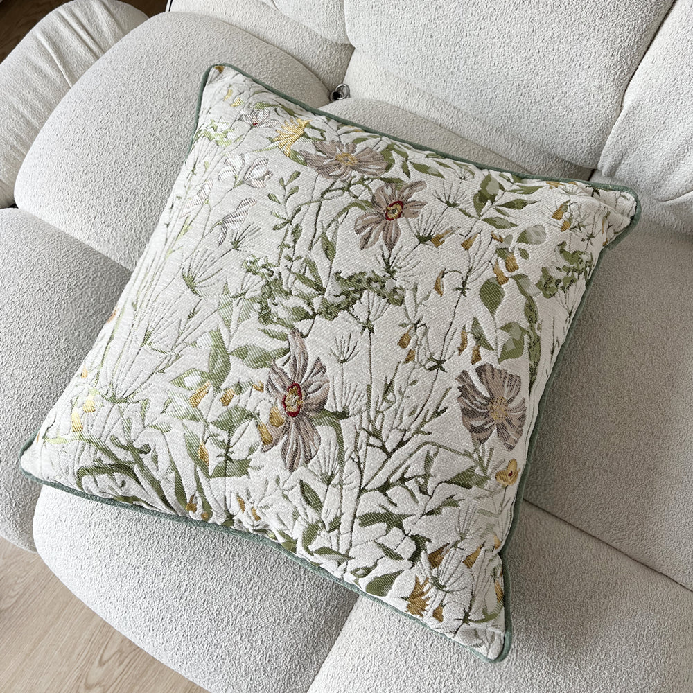 Countryside Light Green Flowers Decorative Chenille Pillow Case 18x18", Set of 1