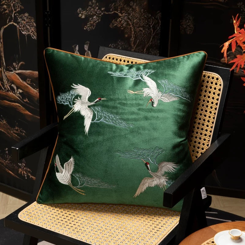 Classic Chinese style embroidered 4 Cranes sofa decorative pillow case 18x18 inch, set of 1