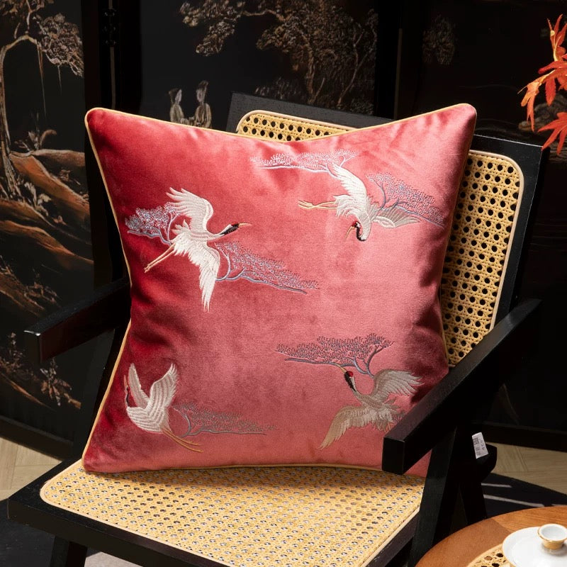 Classic Chinese style embroidered 4 Cranes sofa decorative pillow case 18x18 inch, set of 1