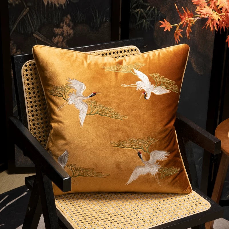 Classic Chinese style embroidered 4 Cranes sofa decorative pillow case 18x18 inch, set of 1