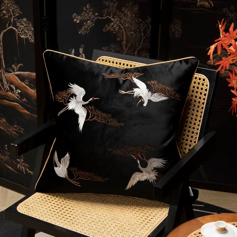 Classic Chinese style embroidered 4 Cranes sofa decorative pillow case 18x18 inch, set of 1