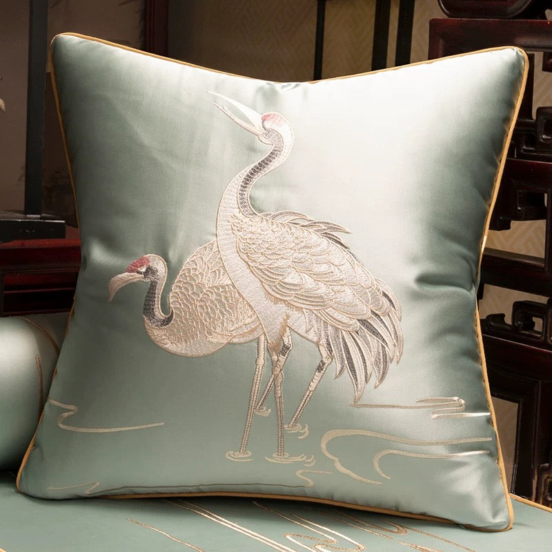 Traditional Chinese style embroidered cranes sofa decorative pillow case 18x18 inch, set of 1