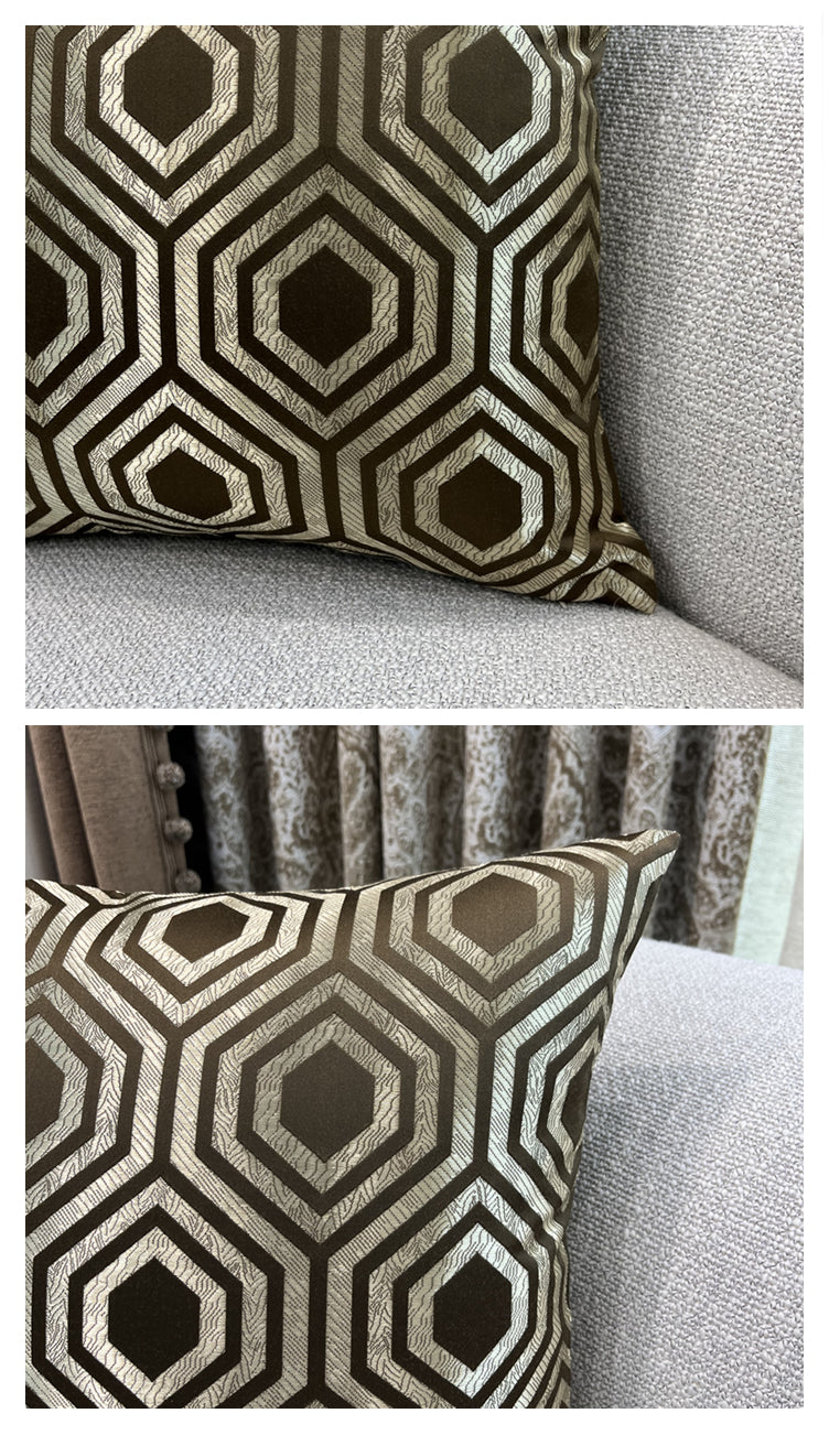 Modern Geometric Hexagon Pillow Brown Beige Shiny Jacquard Woven Cushion Cover Square Decorative Gift Case 18x18inch , 1 Piece Set