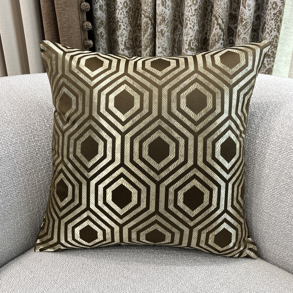 Modern Geometric Hexagon Pillow Brown Beige Shiny Jacquard Woven Cushion Cover Square Decorative Gift Case 18x18inch , 1 Piece Set