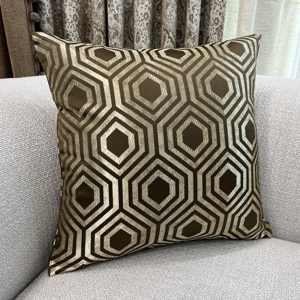 Modern Geometric Hexagon Pillow Brown Beige Shiny Jacquard Woven Cushion Cover Square Decorative Gift Case 18x18inch , 1 Piece Set