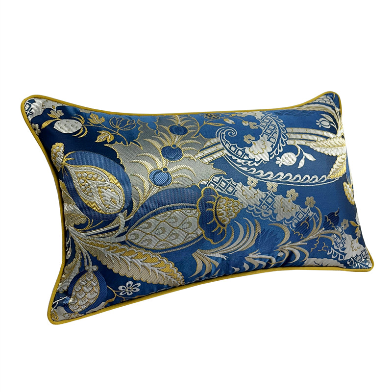 1 Piece Set 12x20" Luxurious Blue Plants Woven Lumbar Pillow Case Gold Pipping Jacquard Home Chair Floor Sofa Decoration