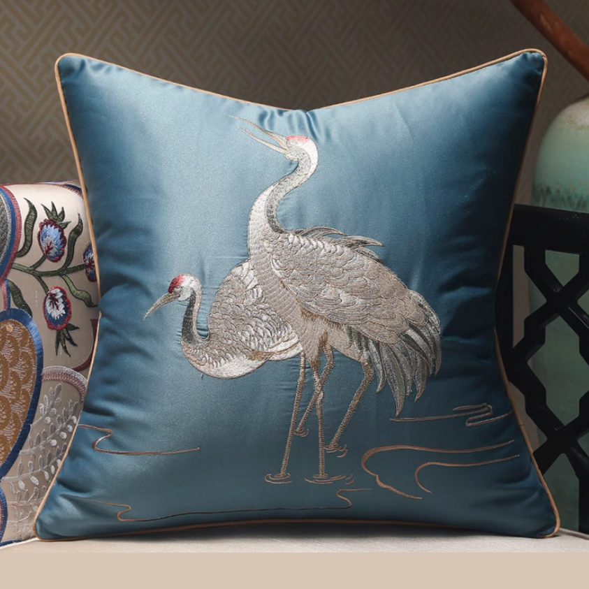 Traditional Chinese style embroidered cranes sofa decorative pillow case 18x18 inch, set of 1