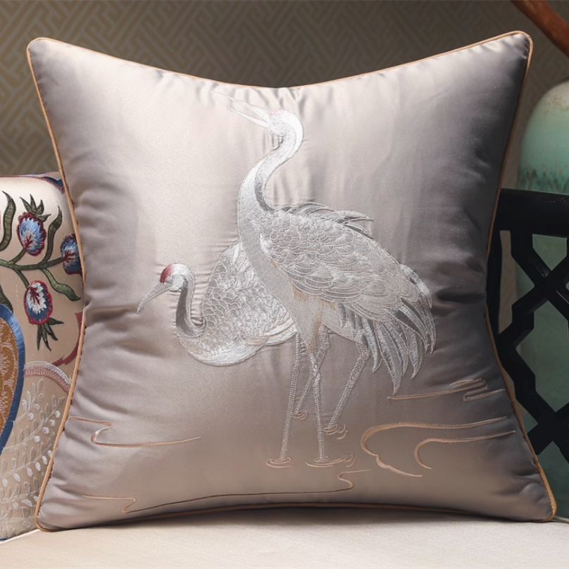 Traditional Chinese style embroidered cranes sofa decorative pillow case 18x18 inch, set of 1