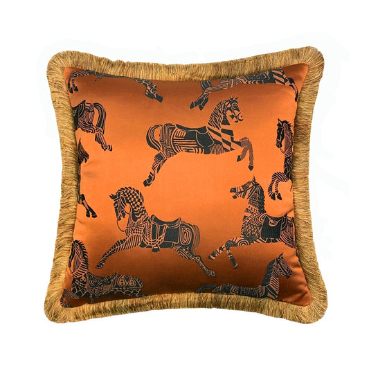 Fashion Soft Orange Horses Woven Interior Fringe Cushion Cover 18x18inch, set of 1